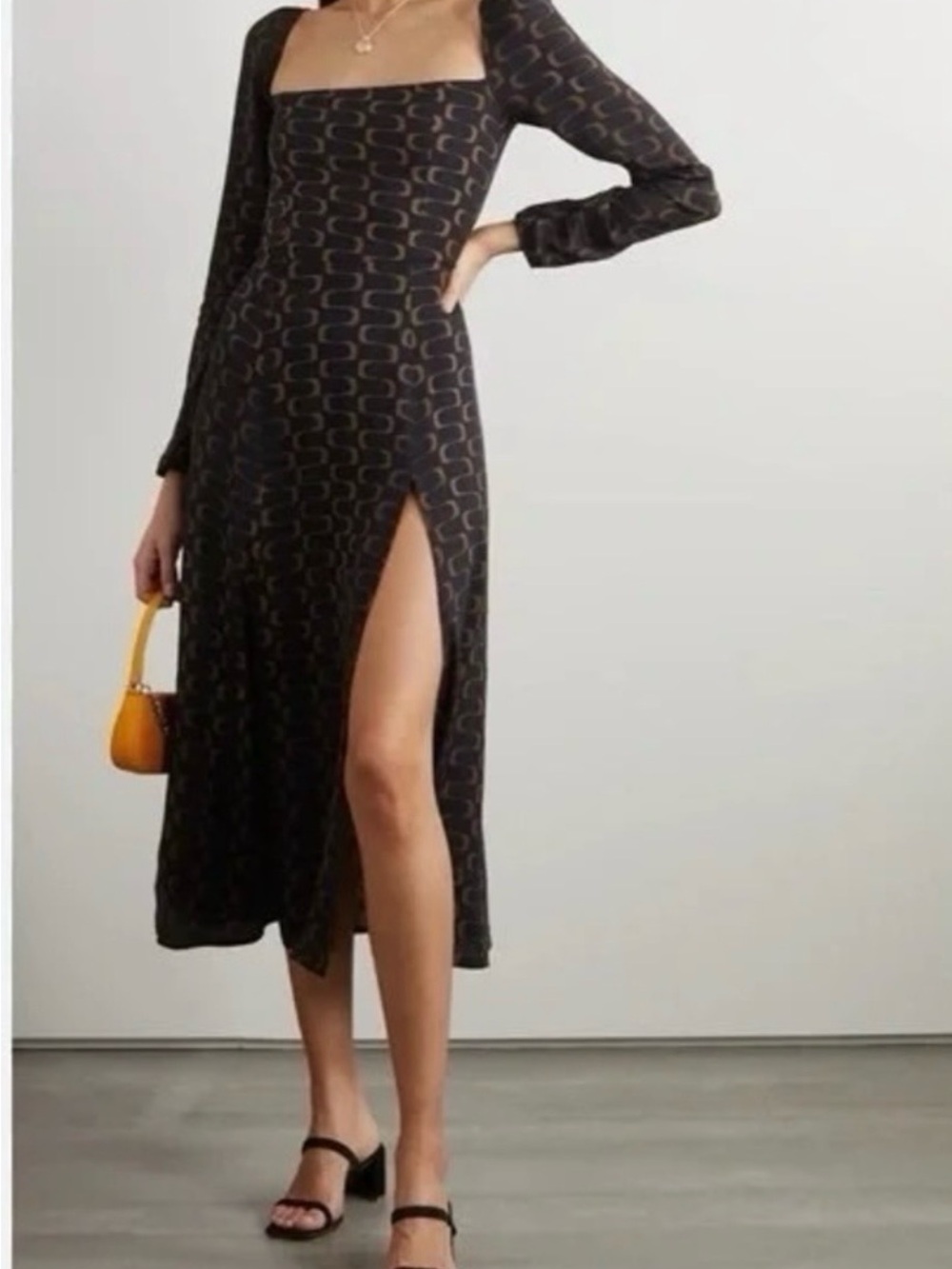 Reformation Sigmund Dress Black Brown Print Square Neck Midi Dress Size 4